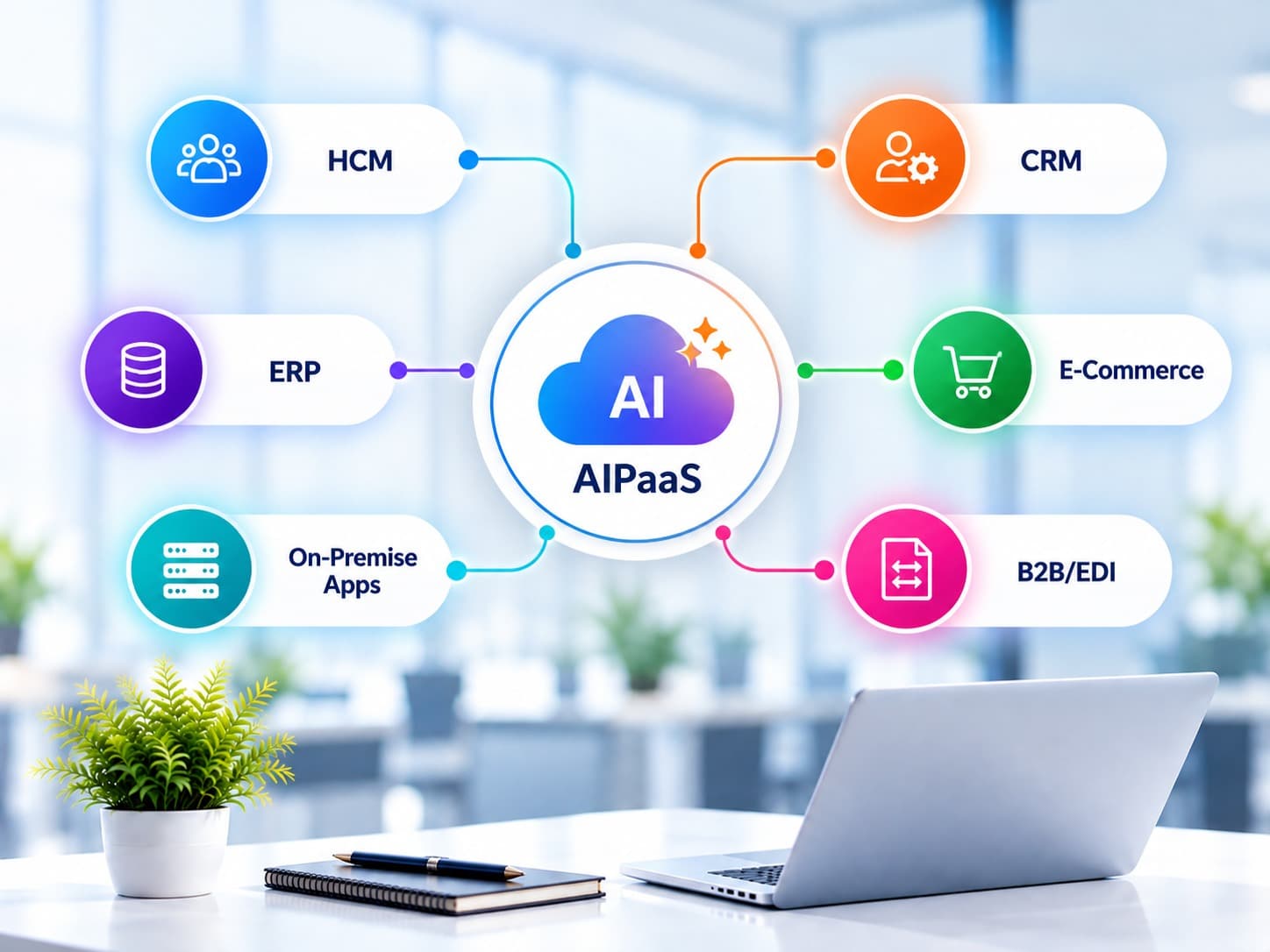 AIPaaS — AI-powered integration hub connecting HCM, CRM, E-Commerce, B2B/EDI, On-Premise Apps, and ERP