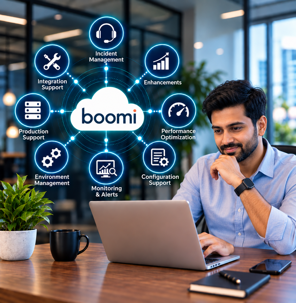 Boomi managed support lifecycle — Integration Support, Incident Management, Enhancements, Production Support, Performance Optimization, Environment Management, Monitoring & Alerts, and Configuration Support, with an engineer working on a laptop