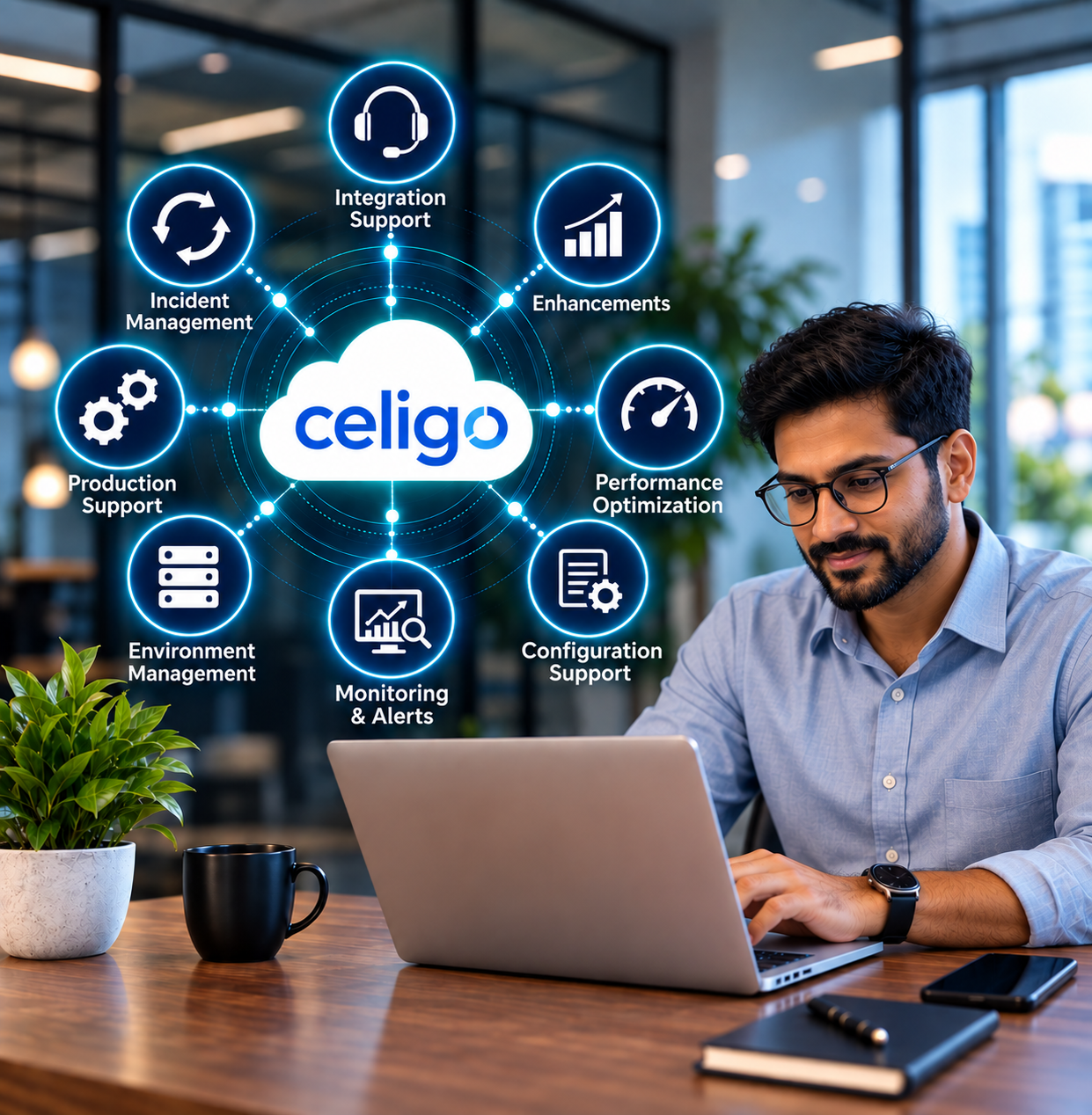 Celigo managed support lifecycle — Integration Support, Incident Management, Enhancements, Production Support, Performance Optimization, Environment Management, Monitoring & Alerts, and Configuration Support, with an engineer working on a laptop