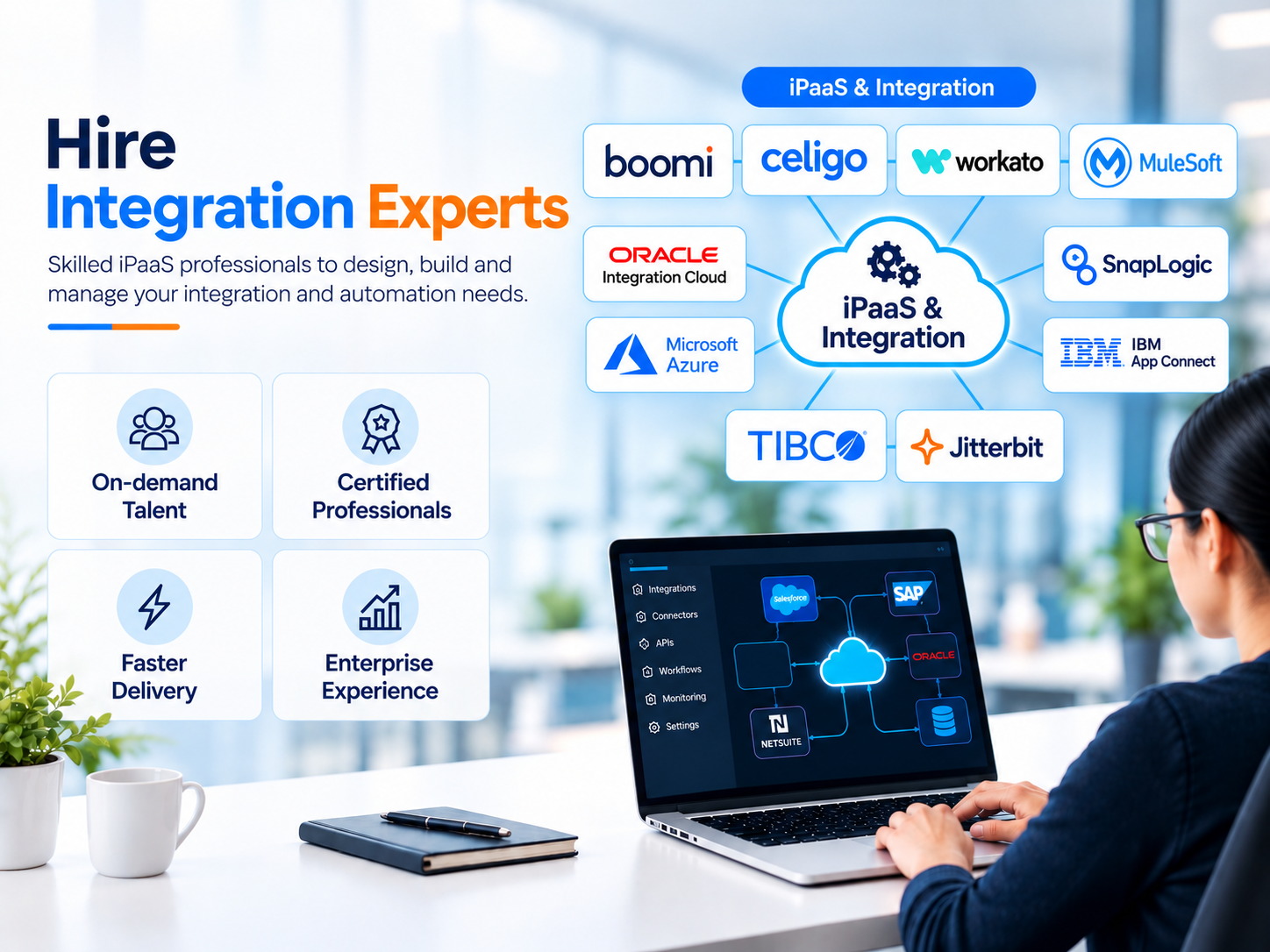 Hire Integration Experts — Boomi, Celigo, Workato, MuleSoft, Oracle Integration Cloud, Microsoft Azure, SnapLogic, IBM App Connect, TIBCO, and Jitterbit