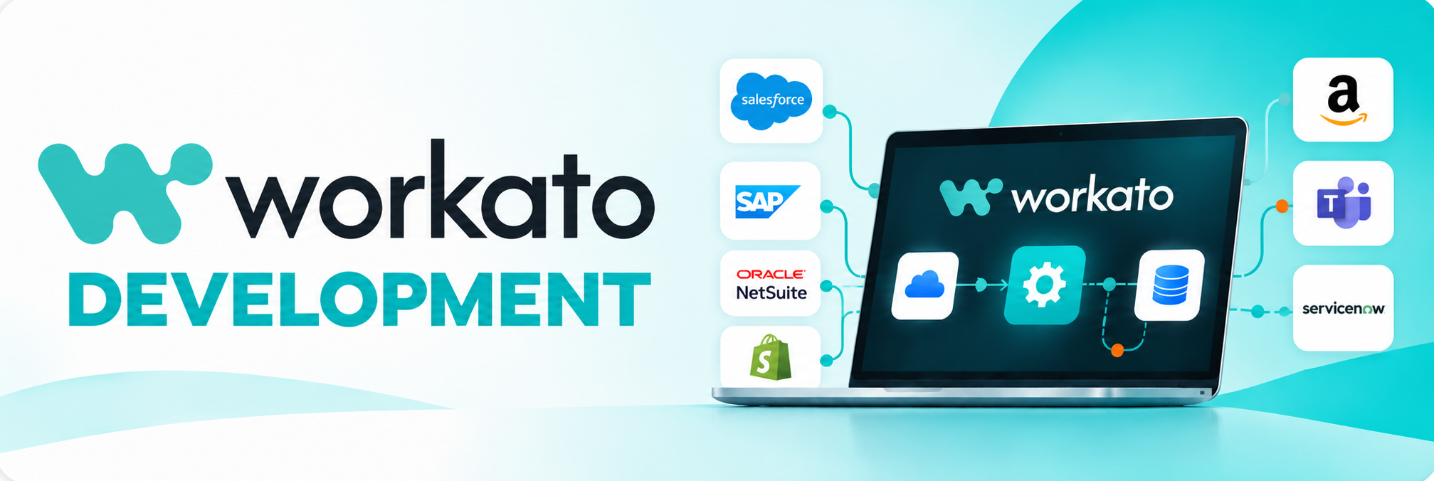 Workato development — connecting Salesforce, SAP, NetSuite, Shopify, Amazon, Microsoft Teams, and ServiceNow
