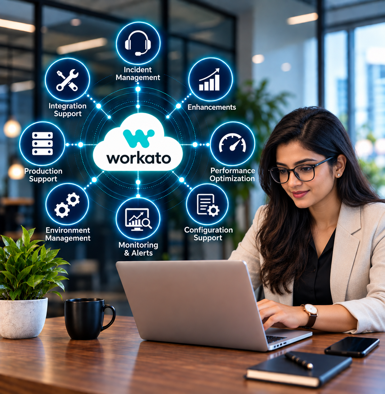 Workato managed support lifecycle — Integration Support, Incident Management, Enhancements, Production Support, Performance Optimization, Environment Management, Monitoring & Alerts, and Configuration Support, with an engineer working on a laptop